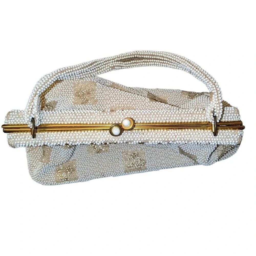 Vintage Lumured Beaded Handbag Cream And Gold